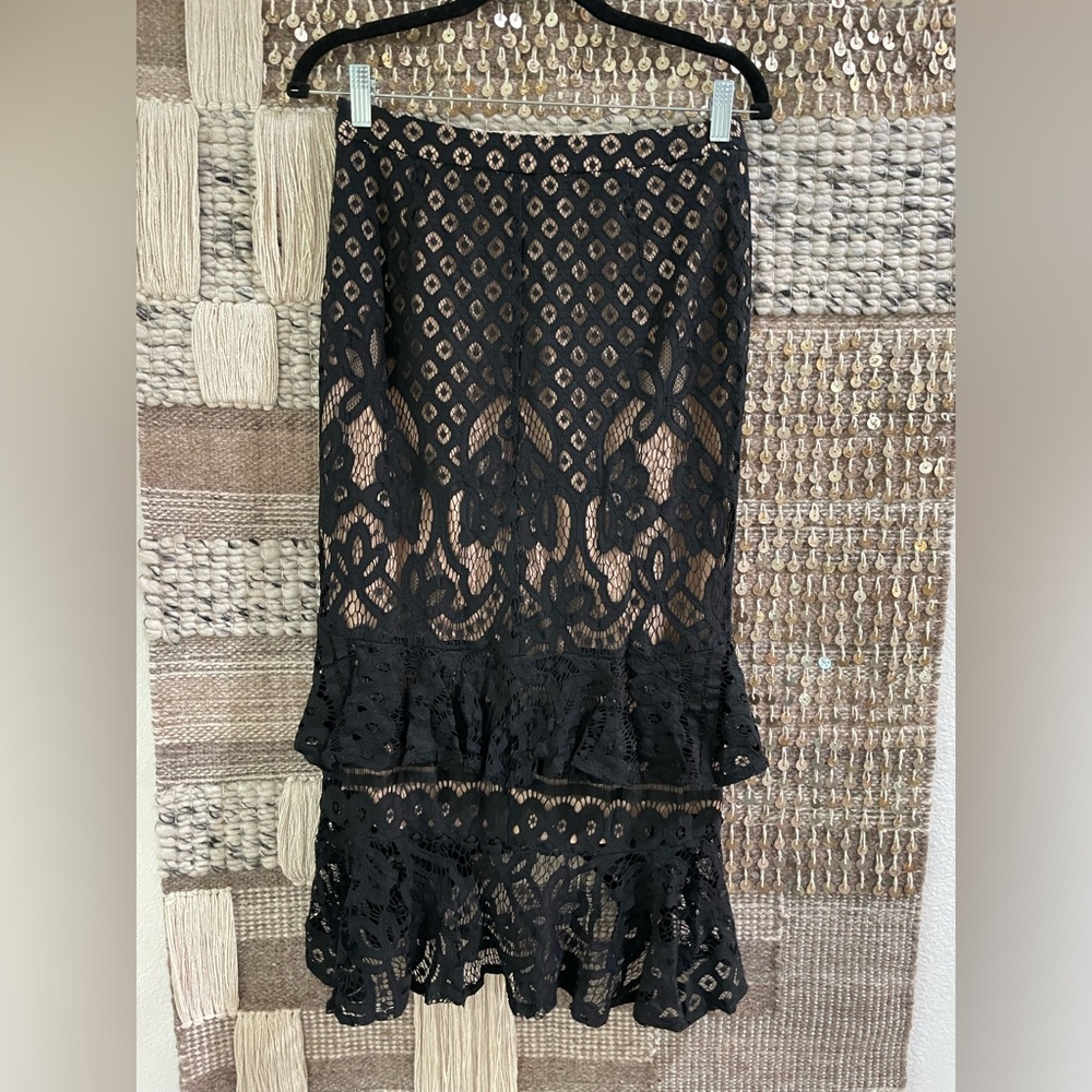 🖤 Current Air Anthropologie black embroidered lace ruffled midi skirt sz S - Picture 6 of 13